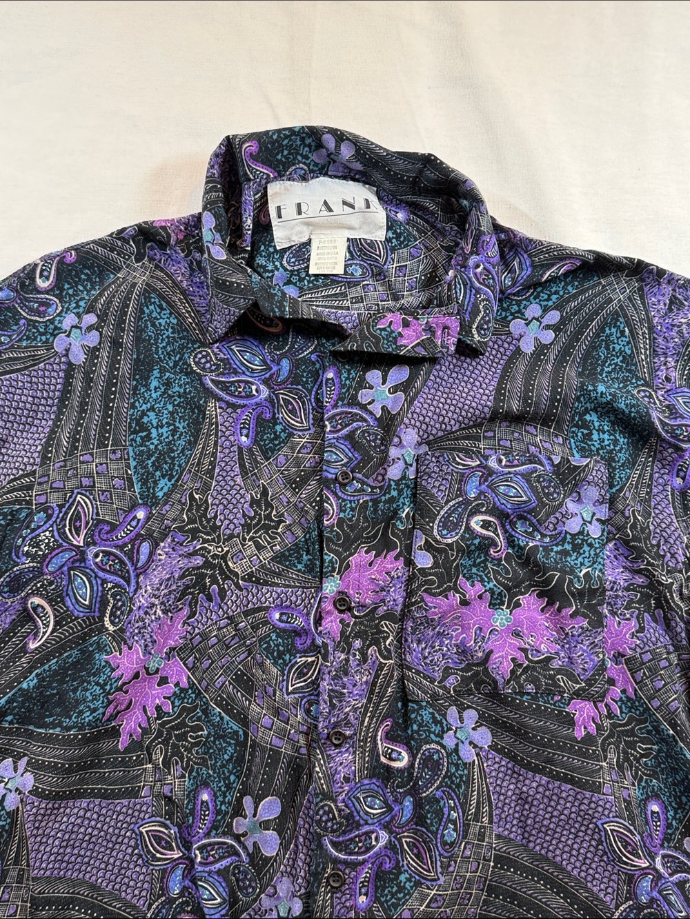 90s Vintage Frank Paisley Rayon Short Sleeve Button Down Shirt Purple Teal M